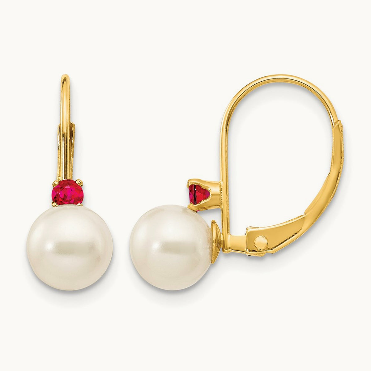 6- White Round FW Cultured Pearl Ruby Leverback Earrings, 6.5mm, 14K