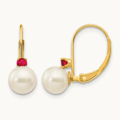 6- White Round FW Cultured Pearl Ruby Leverback Earrings, 6.5mm, 14K