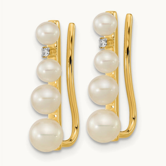 3- FW Cultured Pearl .016ct Diamond Ear Climber Earrings, 5mm, 14K