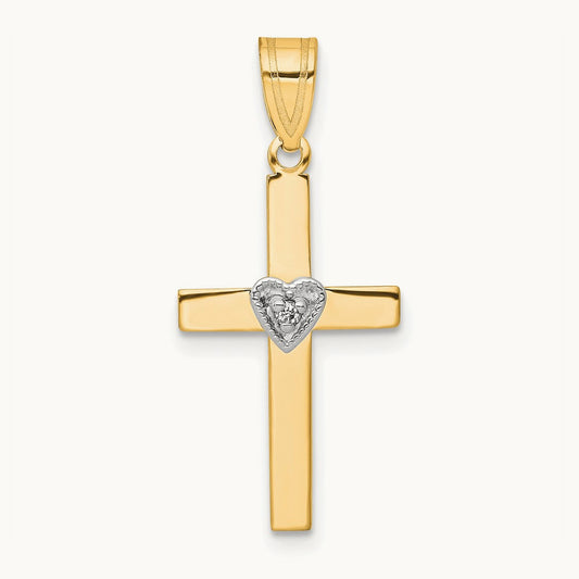.01ct Diamond Heart Cross Pendant, 14K Two Tone