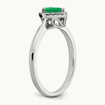Pear Emerald and Diamond Halo Ring, 14K White Gold