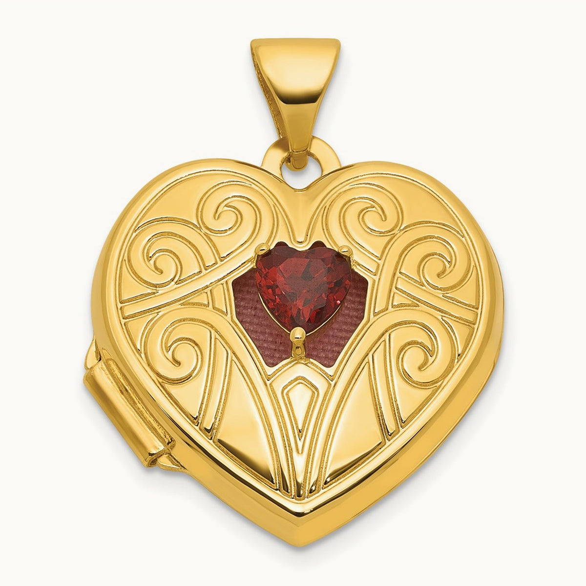 Polished Garnet January Birthstone Heart Locket, 18mm, 14K