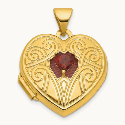 Polished Garnet January Birthstone Heart Locket, 18mm, 14K