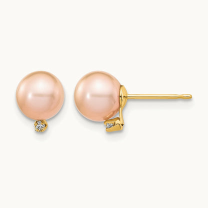 5- Pink Round Freshwater Cultured Pearl .02ct Diamond Post Earrings, 14K