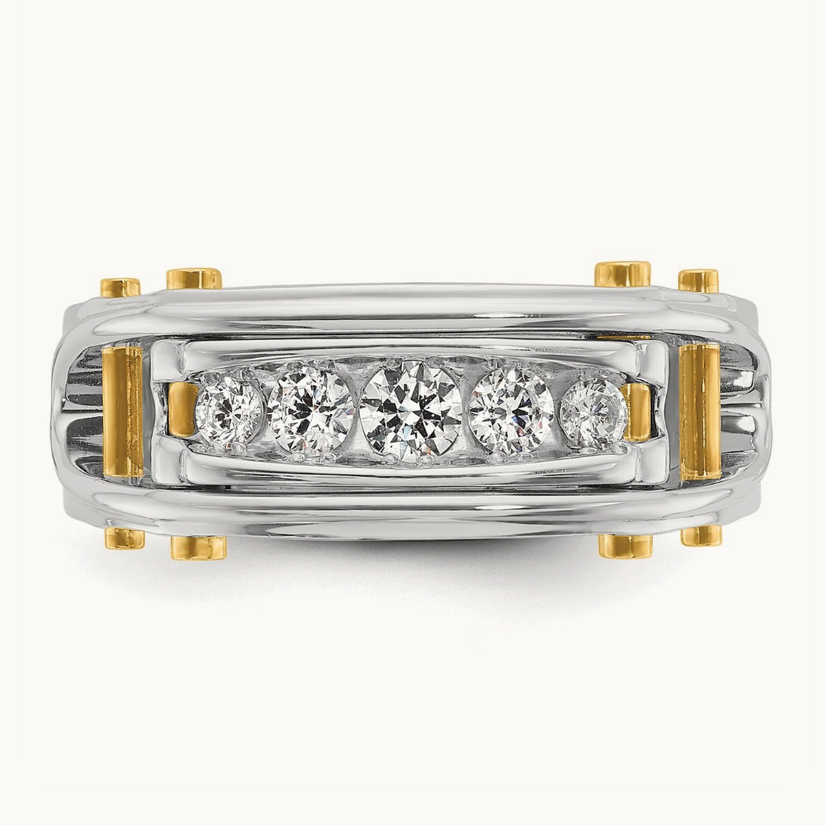 14ktt IBGoodman Men's Polished Grooved Cut-Out 5-Stone Diamond Ring