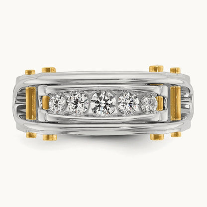 14ktt IBGoodman Men's Polished Grooved Cut-Out 5-Stone Diamond Ring