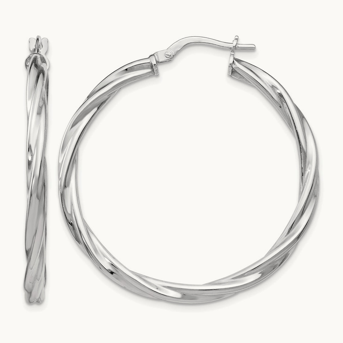 Rhodium-plated Polished Twisted Hinged Hoop Earrings — 36mm