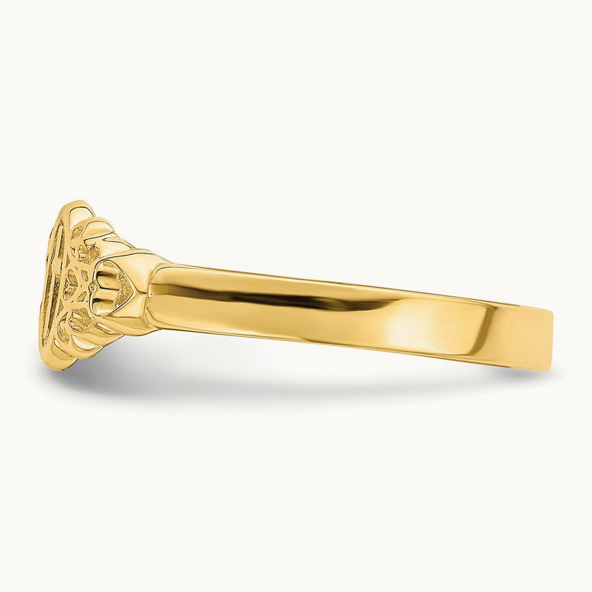 Cross Inside Oval W/Scroll and Heart Ring, 14K