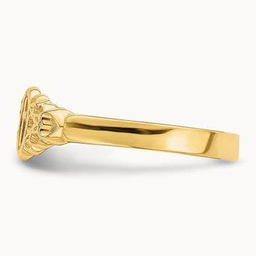 Cross Inside Oval W/Scroll and Heart Ring, 14K