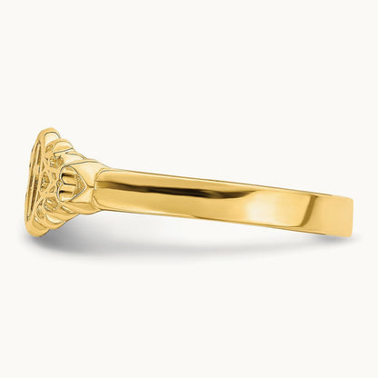 Cross Inside Oval W/Scroll and Heart Ring, 14K