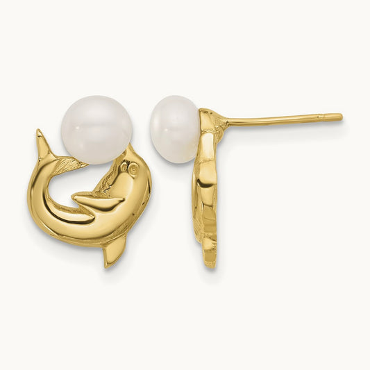 5- Button White FWC Pearl Dolphin Post Earrings, 6mm, 14K