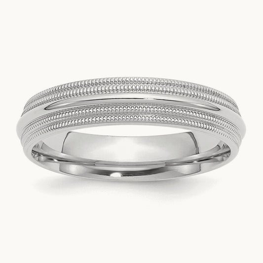 SSilver Rhodium-plated Comfort Fit Double Milgrain Band — 5mm