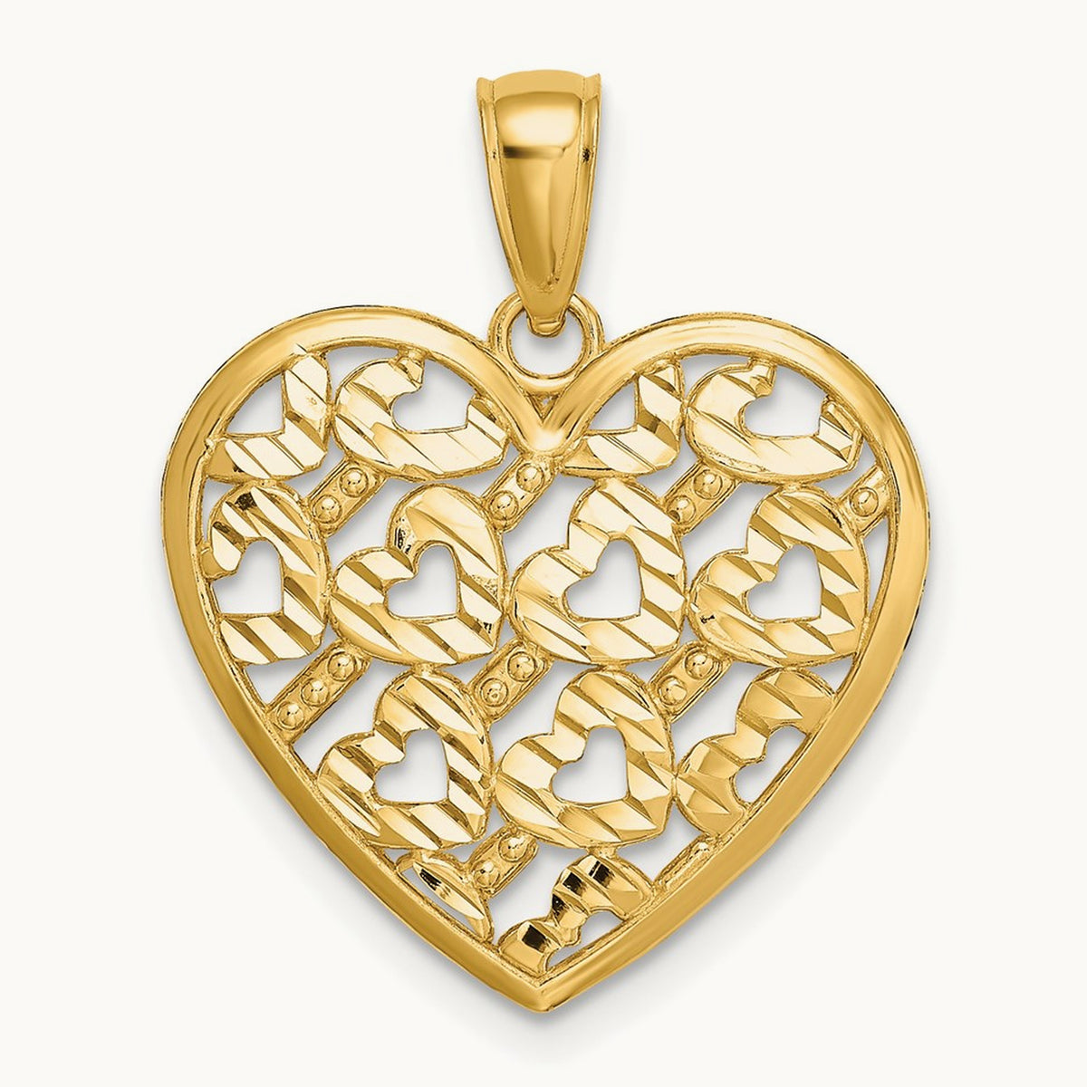 Diamond-cut Heart Pattern On Heart Charm — 14K Yellow Gold