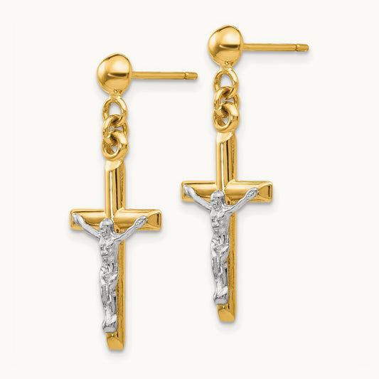 Hollow Crucifix Earrings, 14K Two-tone