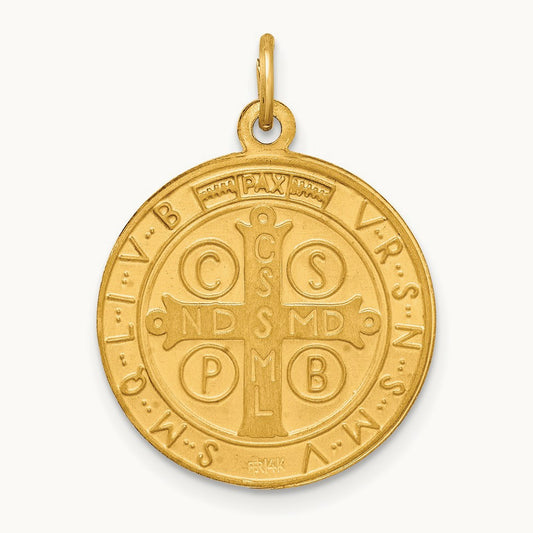 Solid Polished/Satin Round Reversible St. Benedict Medal, 14K