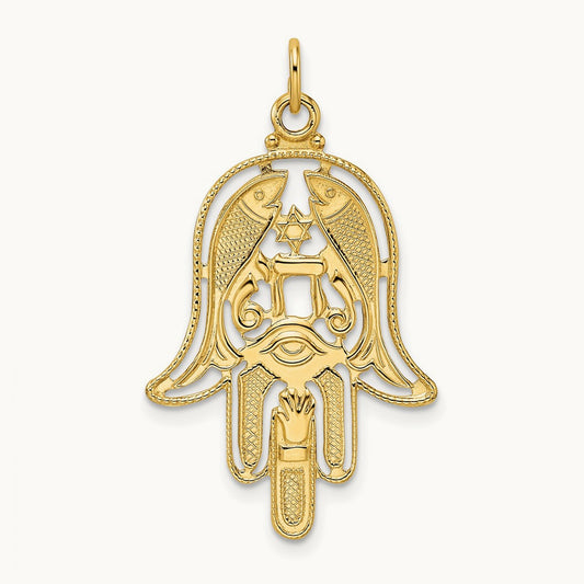 Polished & Textured Solid Hamsa Pendant, 14K