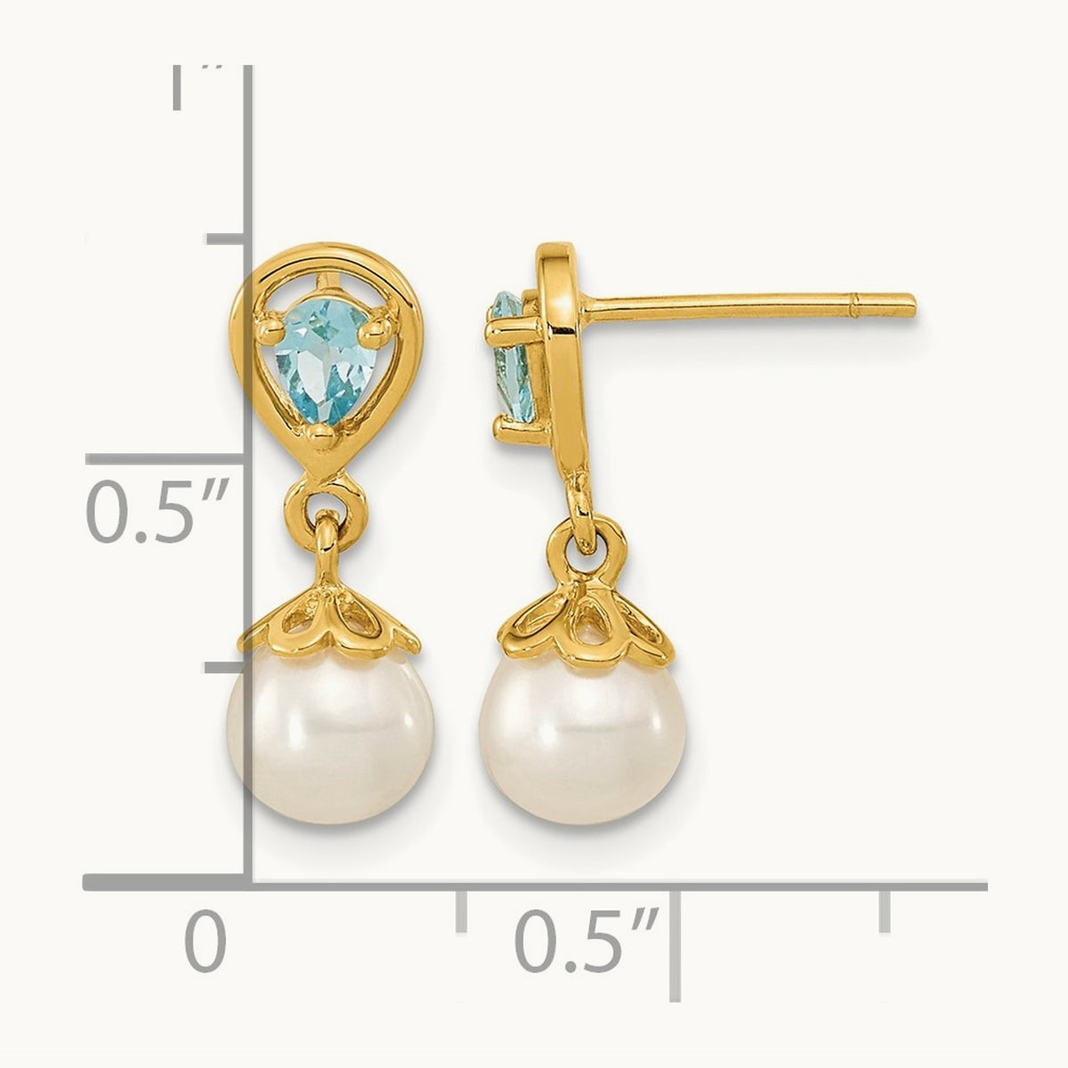 6- FWC Pearl Light Swiss Blue Topaz Dangle Post Earrings, 7mm, 14K
