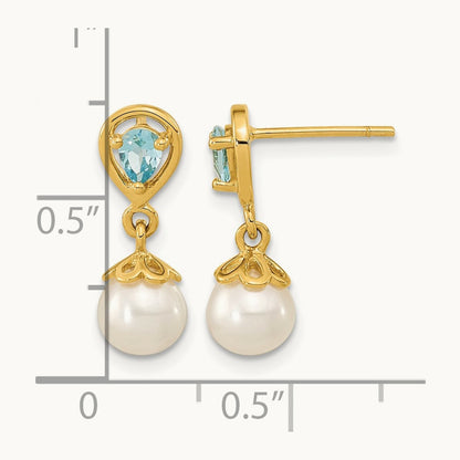 6- FWC Pearl Light Swiss Blue Topaz Dangle Post Earrings, 7mm, 14K
