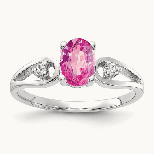 7x5mm Oval Pink Sapphire AA Diamond ring, 14K White Gold