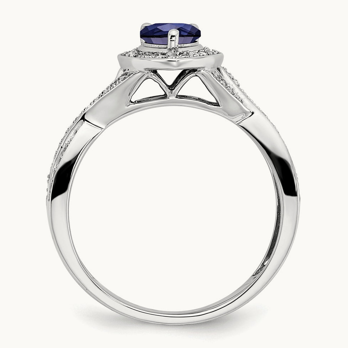 Pear Created Sapphire and Diamond Halo Ring, 14K White Gold
