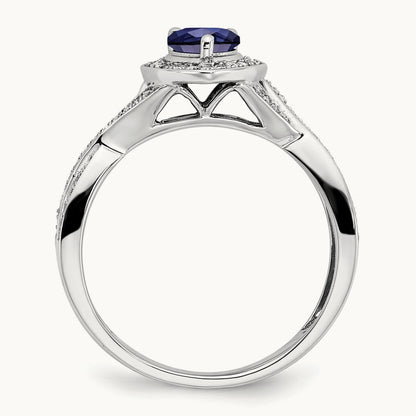 Pear Created Sapphire and Diamond Halo Ring, 14K White Gold