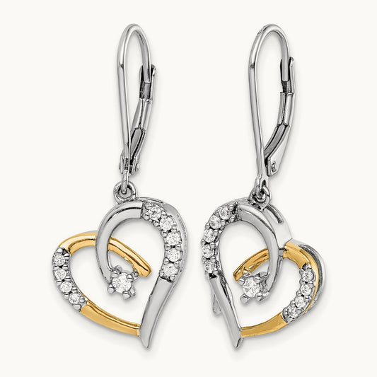 Diamond Heart Leverback Earrings, 14K Yellow with White Gold