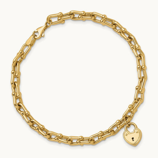 Polished Heart Lock Charm Link Bracelet, 14K