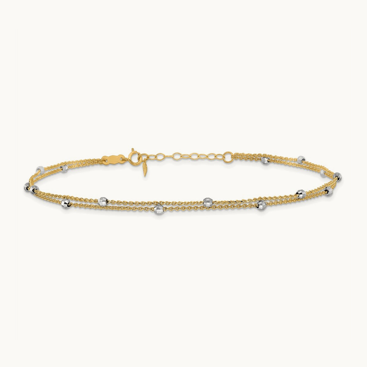 2-Strand Spiga Mirror Beads 9in Plus 1in Ext. Anklet, 14K Two-tone