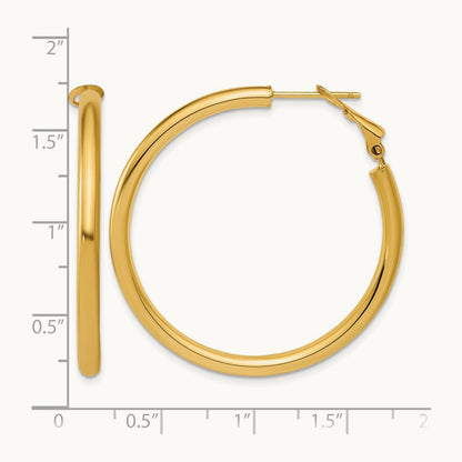Polished Round Omega Back Hoop Earrings — 14K Yellow Gold, 3x40mm