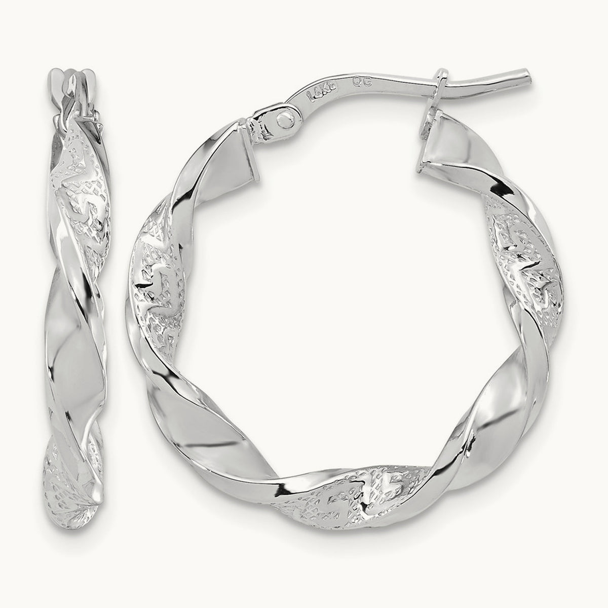 Polished and Textured Twisted Hoop Earrings — 14K White Gold, 23mm