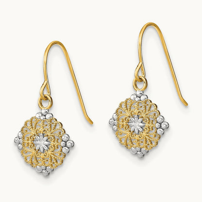 w/Rhodium D/C Center Mini Filigree Medallion Earrings, 14K