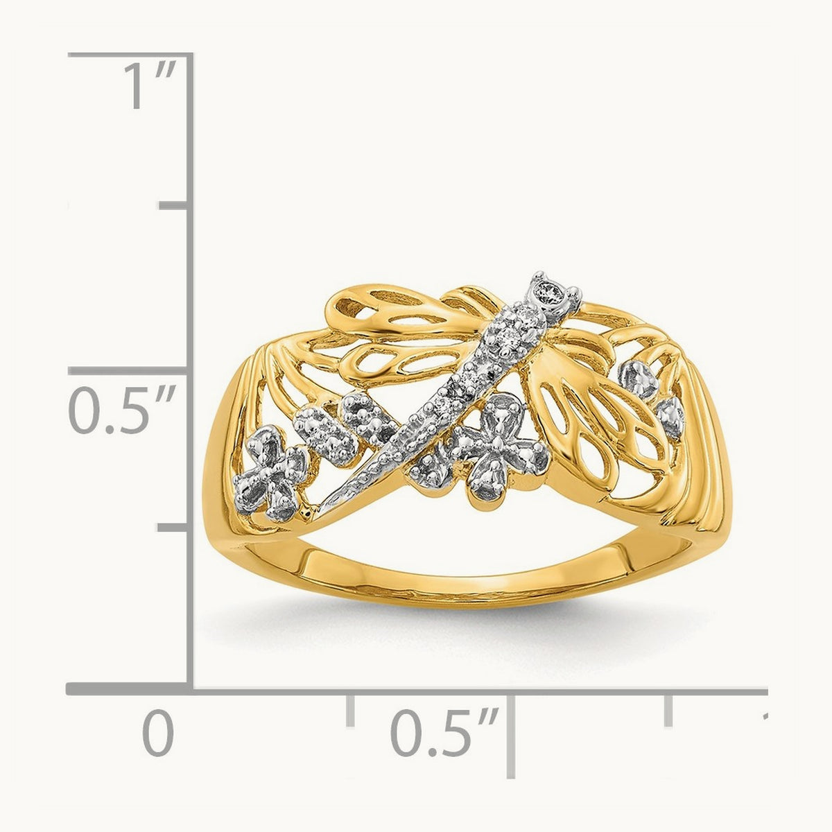 Rhodium Diamond Dragonfly Ring, 14K