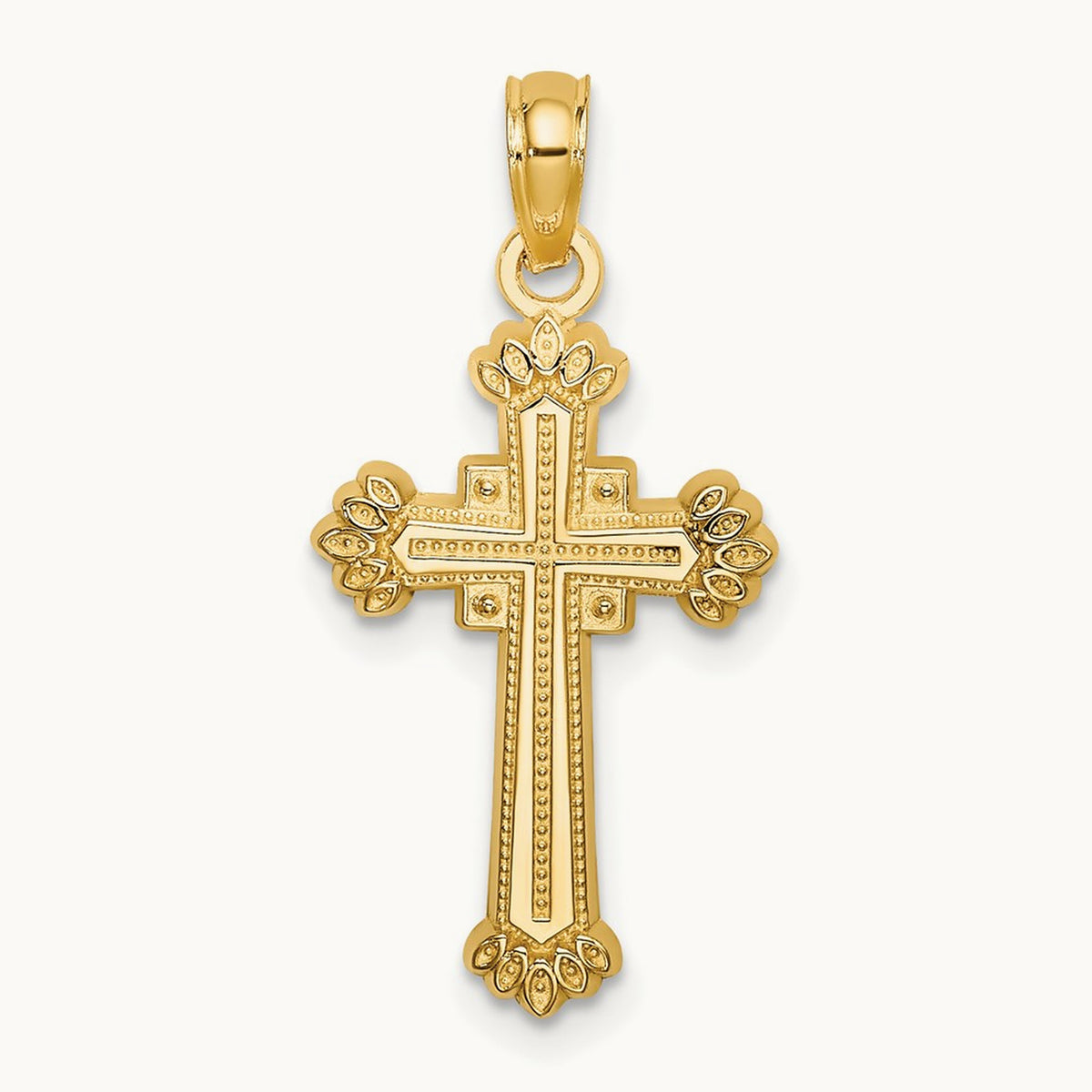Textured Leaves On Edges Cross Charm, 14K