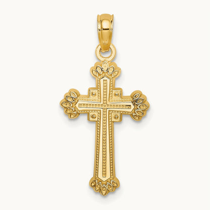 Textured Leaves On Edges Cross Charm, 14K