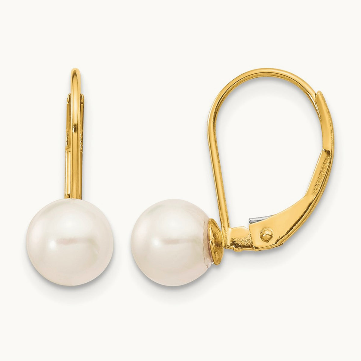 6- White Round Saltwater Akoya Cultured Pearl Leverback Earrings, 7mm, 14K