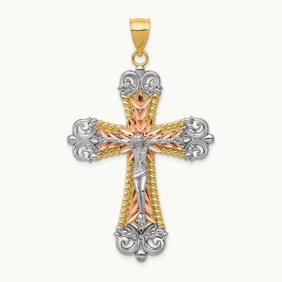 Tri-Color W/ White Rhodium Crucifix Cross Pendant, 14K