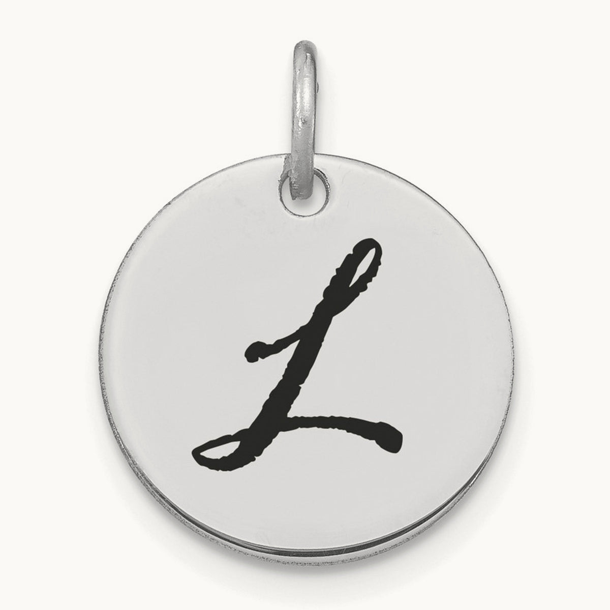 Polished Black Enamel Initial Disk Charm — 14K White Gold, L