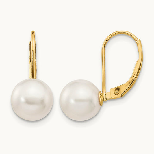 8- White Round Saltwater Akoya Cultured Pearl Leverback Earrings, 9mm, 14K