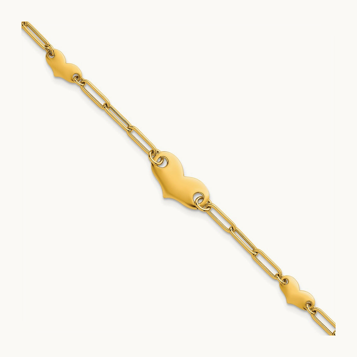 Polished Paperclip Link With Hearts 7.5in Bracelet, 14K