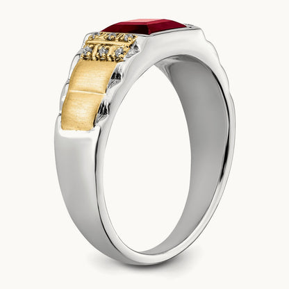 Created Ruby and Diamond Mens Ring, 14K Two-tone
