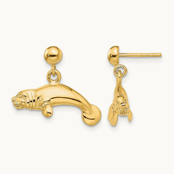 3-D Polished Manatee Dangle Earrings, 14K