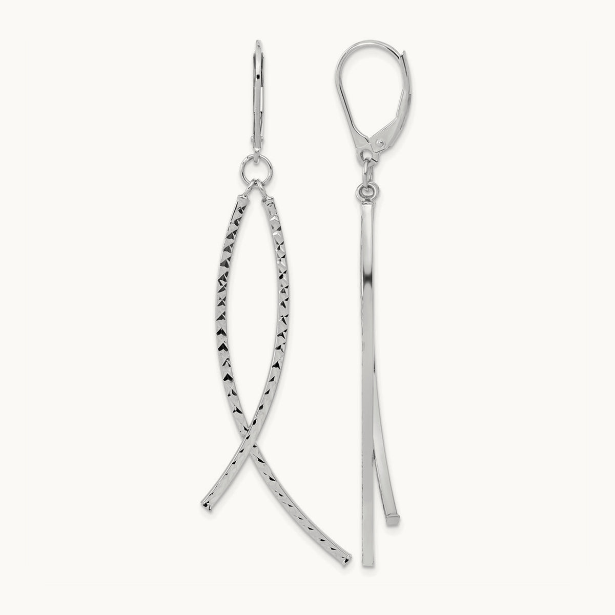 Polished Diamond Cut Fancy Dangle Leverback Earrings — 14K White Gold