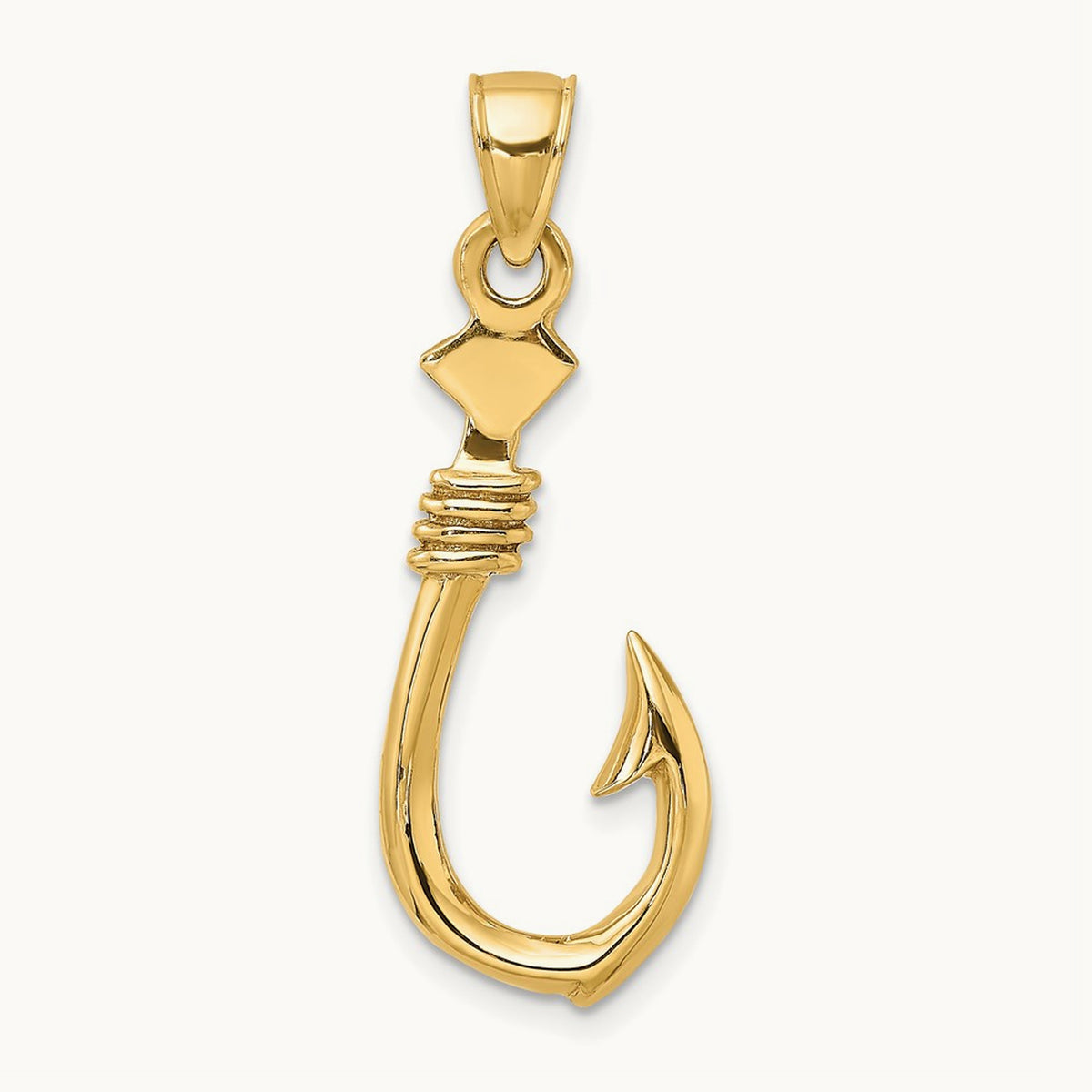 3-D Large Fish Hook with Rope Charm — 14K Yellow Gold