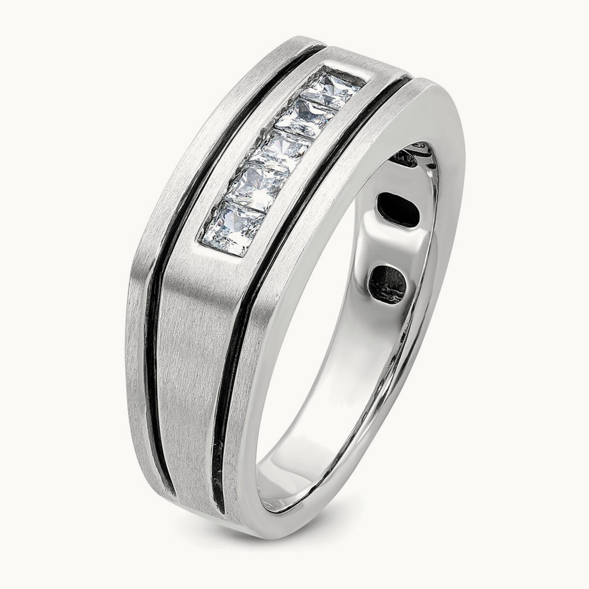 w/ Black RH IBGoodman Men's Satin & Grooved 5-Stone Dia Ring, 14K White Gold