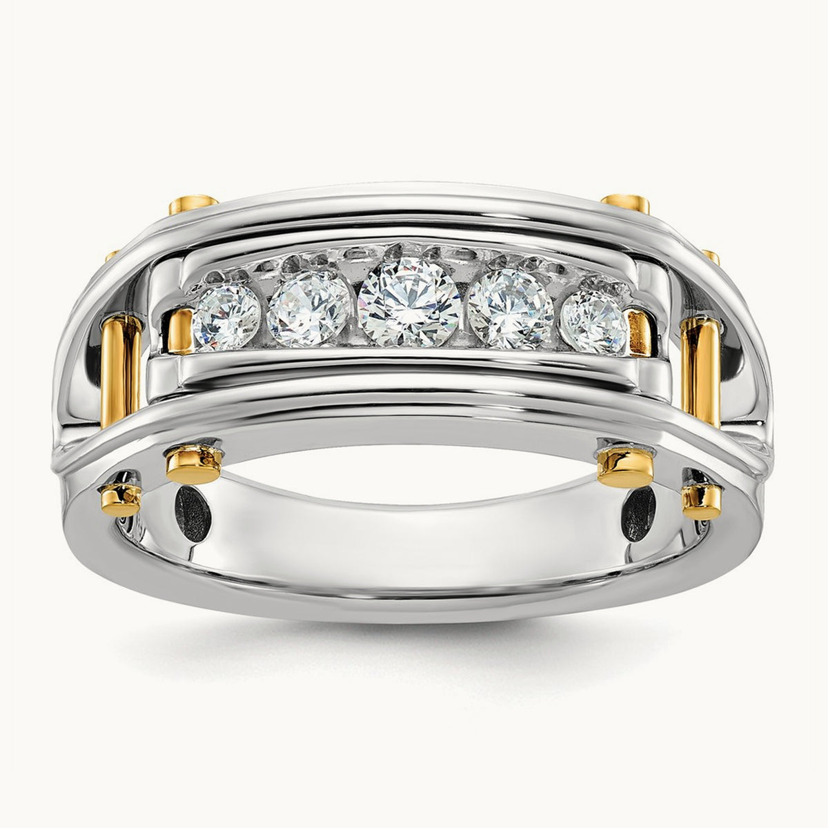 14ktt IBGoodman Men's Polished Grooved Cut-Out 5-Stone Diamond Ring