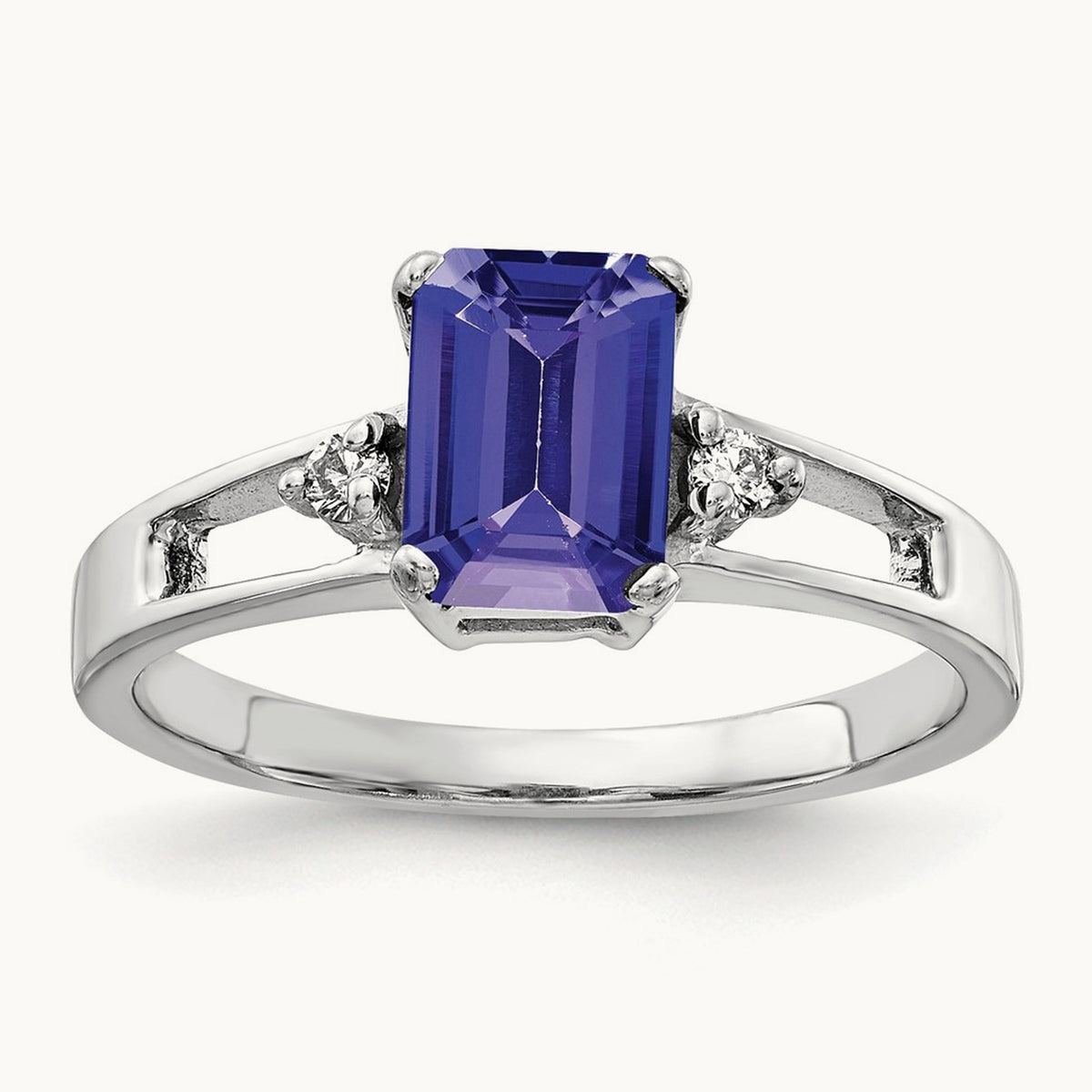 7x5mm Emerald Cut Tanzanite AA Diamond ring, 14K White Gold