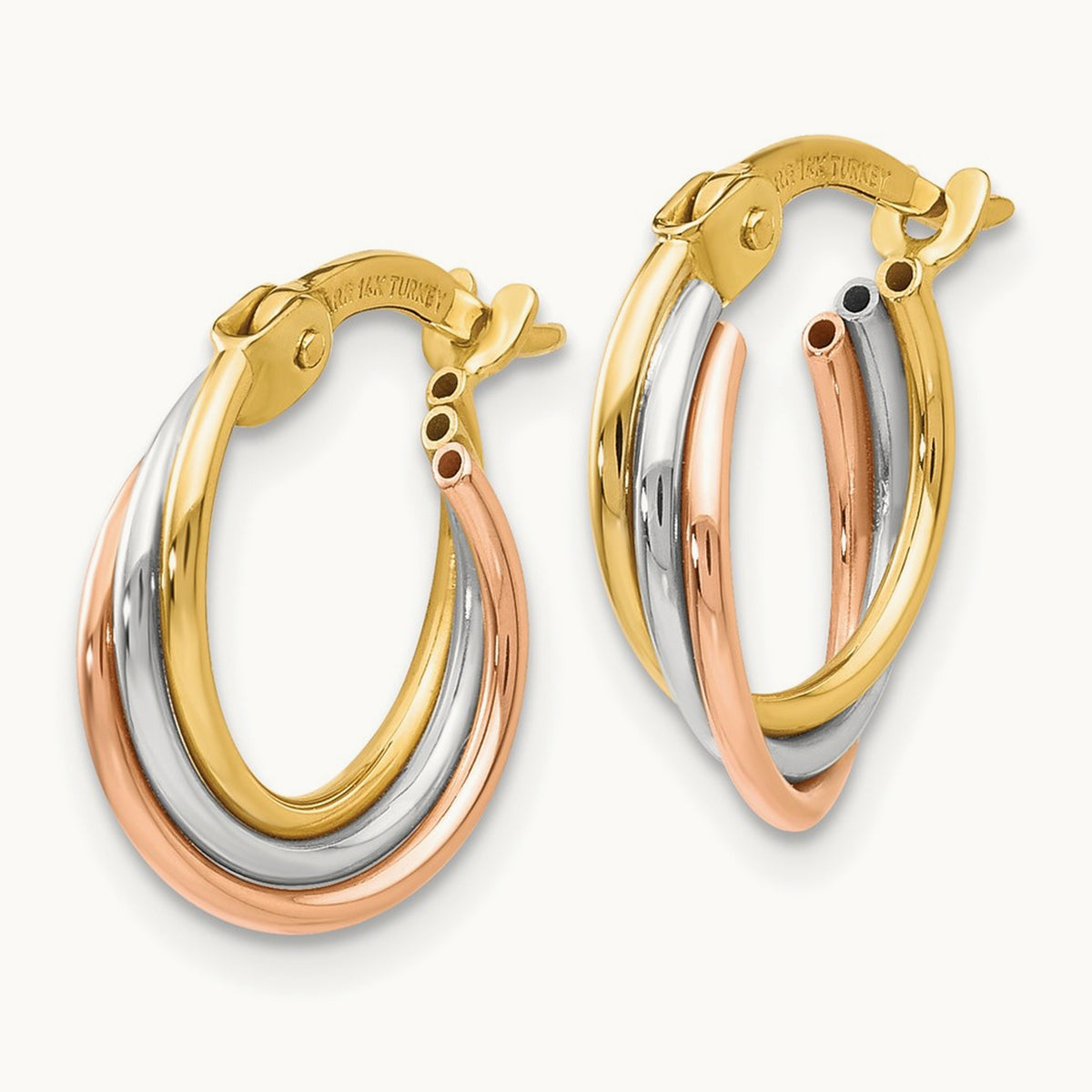 Tri-color Twisted Hoop Earrings, 14K