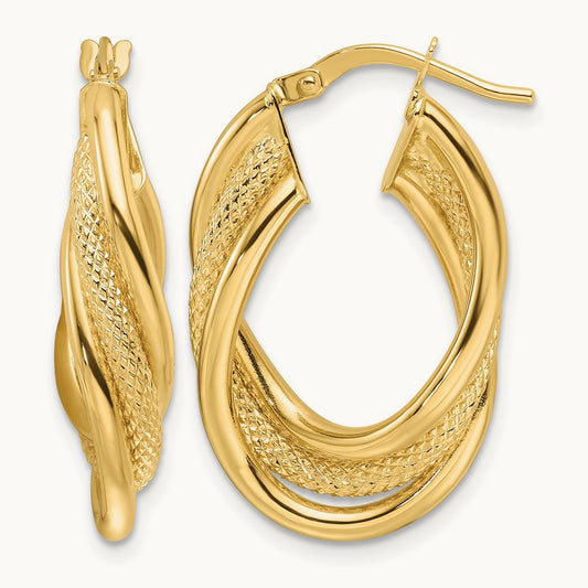 Polished Textured & Intertwined Oval Hoop Earrings, 14K Yellow Gold