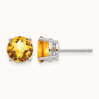 Citrine Checker Earrings, 7mm, 14K White Gold