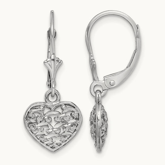 3-D Mini D/C Puffed Heart Leverback Earrings, 14K White Gold